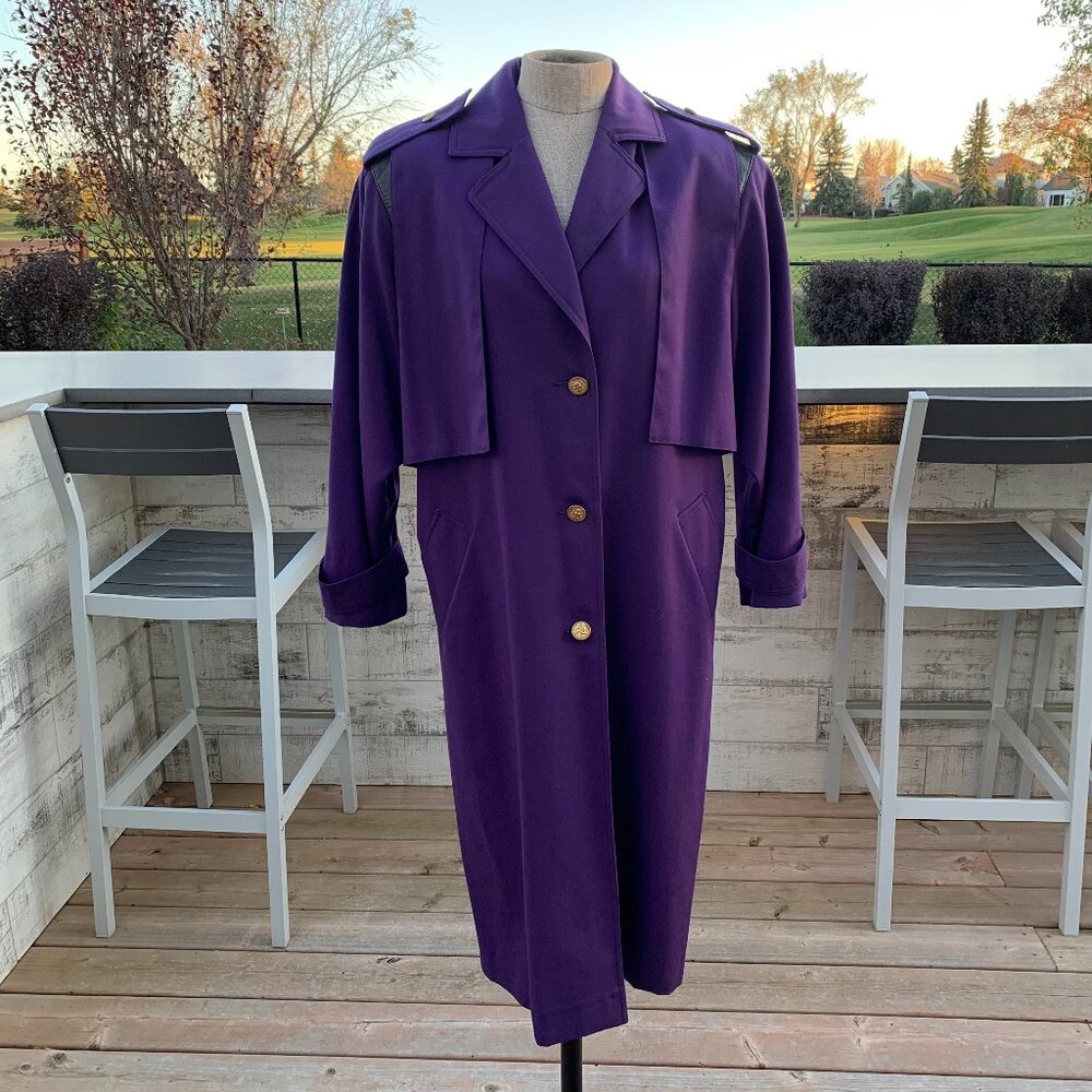 Vintage 80s 90s Purple Wool Gold Button Beltless Long Trench Coat Retro Overcoat